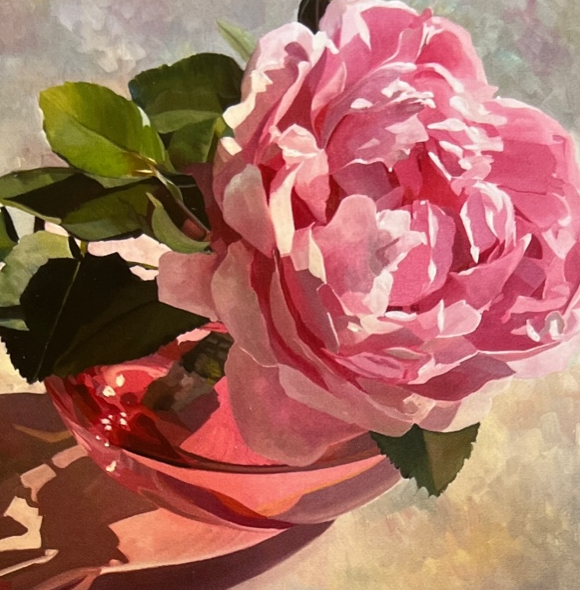 A realistic painting of a pink rose in vase